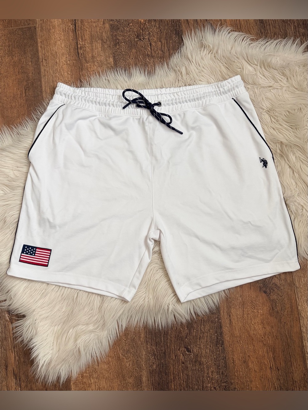 Men's White Athletic Shorts with Navy Trim and Flag Patch